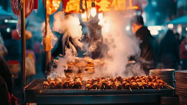 Street vendors sell grilled skewers at night in a busy market filled with bright lights and many people