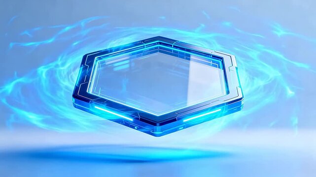 Futuristic polygonal device with blue neon energy and floating motion