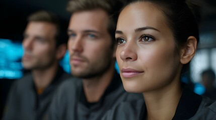 Obraz premium A focused group of professionals collaborating in a modern setting suggesting intense planning and strategic discussion