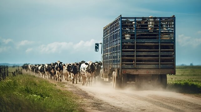 Herd of holstein friesian dairy cows walking alongside a livestock transport truck on a dusty dirt road under a clear blue sky, illustrating rural agriculture and animal husbandry
