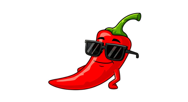 Cool red chili pepper cartoon character wearing sunglasses isolated on transparent background