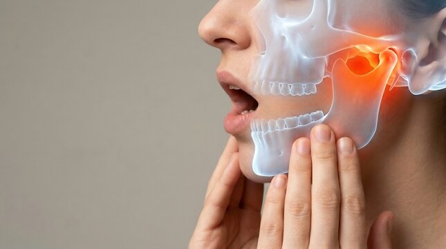 Specialist performs a thorough jaw alignment check on a patient using an anatomical visualization to demonstrate the skeletal structure of the mouth area.