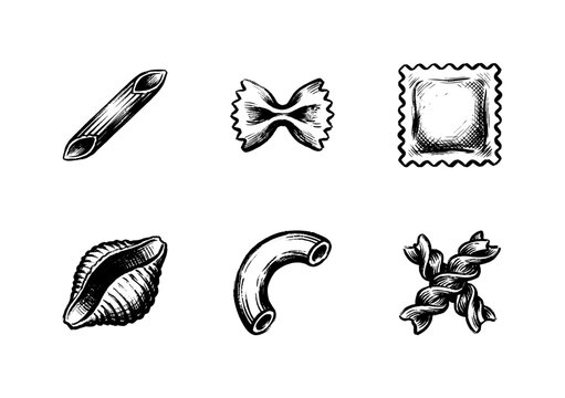 Italian Pasta Varieties and Dried Macaroni Shapes with Fluid Engraving Style in Hand-Drawn Sketchy Style