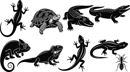 Set of black vector silhouettes featuring various reptiles and amphibians including a turtle, crocodile, lizard, gecko, iguana, and chameleon, for nature design. © Delowara