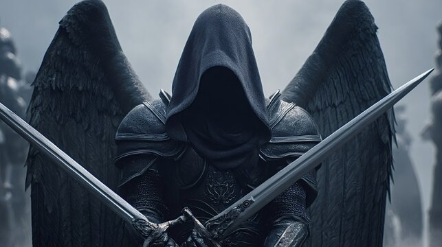 Dark winged warrior in a hooded cloak and full armor stands ready for battle, holding two crossed swords, representing power, conflict, and dark fantasy themes