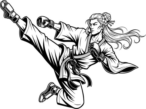 Black and white line art illustration of a female martial artist performing a powerful high kick wearing a traditional kimono,