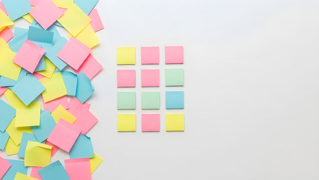Colorful sticky notes transitioning from chaotic pile to organized grid arrangement