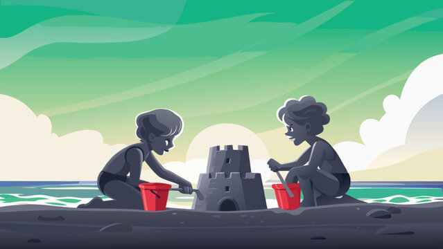 Building Sandcastle Scene Vector Illustration of