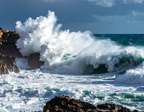 Powerful waves crashing against rocky shore