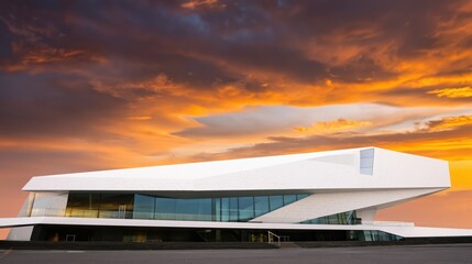 Obraz premium Futuristic white building with glass facade against dramatic sunset sky in modern architectural exterior view.