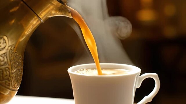 Traditional Arabic Coffee Pouring from Brass Dallah into White Cup with Steam