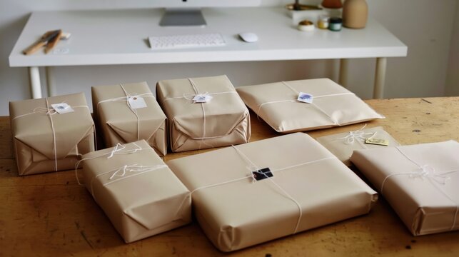 Neatly wrapped kraft paper parcels with string on wooden table in home studio for shipping or gifts