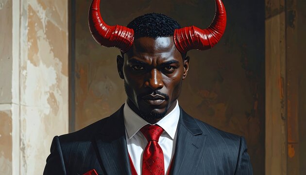 A dark-skinned man in a suit with red horns