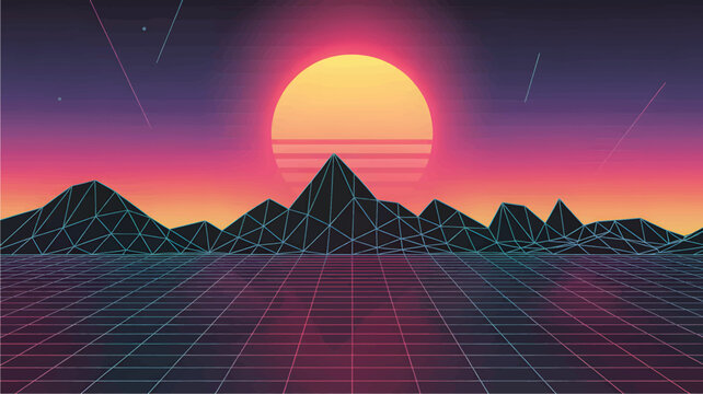 Retro synthwave landscape with wireframe mountains, glowing sun, and a digital perspective grid