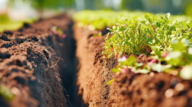 Green crops beside a plowed furrow in a sunlit field, showcasing rich soil and early growth for agriculture and gardening.