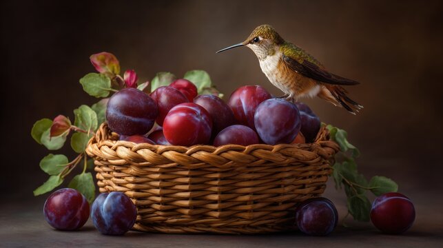 A charming and whimsical close-up of a basket filled with fresh, ripe plums, featuring a delicate hummingbird perched on top.Perfect for themes related to nature, freshness, summer harves.