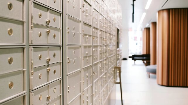 Row of metal mailboxes in a modern building lobby with contemporary decor and bright natural light.