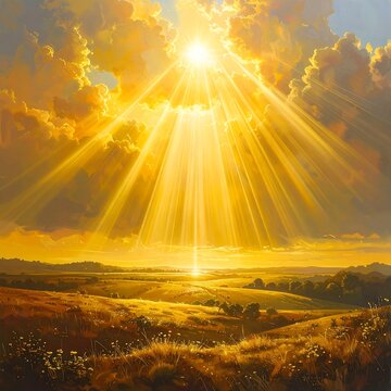 A radiant sun bursts through golden clouds, illuminating a vast, rolling landscape with strong beams of light
