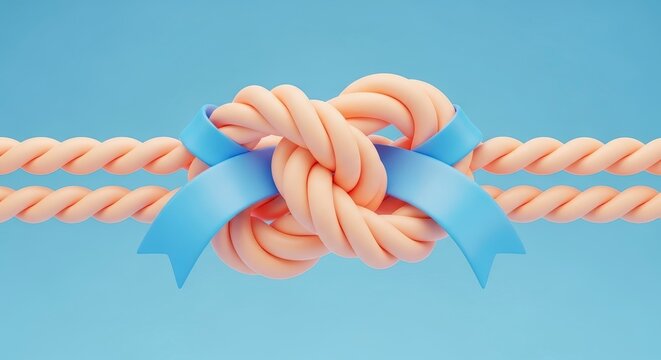 Rope knot with blue ribbon tied.