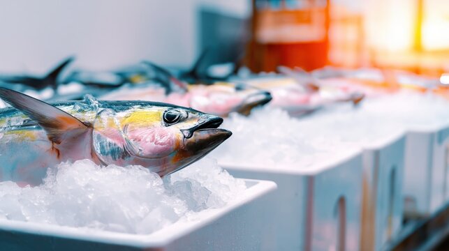 Fresh whole fish displayed on ice in white trays at seafood market with bright lighting.