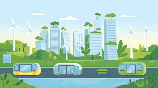 Eco-friendly city with wind turbines, green skyscrapers, and automated electric buses on the road