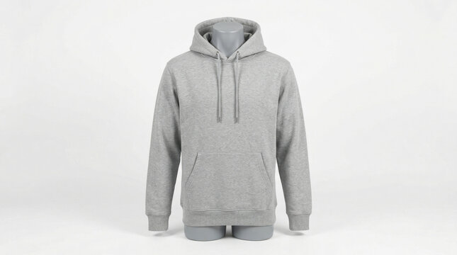  Grey hoodie sweatshirt displayed on a simple mannequin. lifestyle magazines, social media lookbooks, designed for lifestyle magazines and social media content, used by PR specialists.
