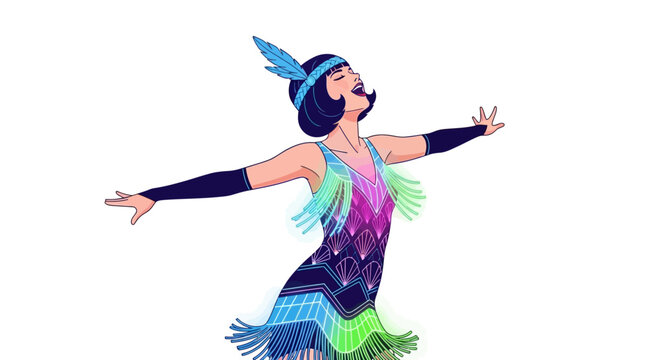 Colorful flapper dancer with feathered headband posing.