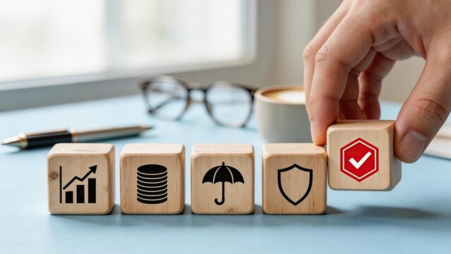 Hand placing wooden block with red checkmark icon in line of business symbols representing growth data protection and success on modern office desk