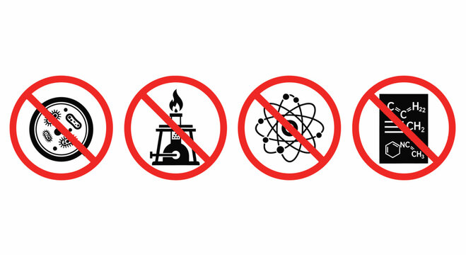 Prohibition science icons set, red circle warning signs for laboratory safety, chemical and biological hazard symbols in flat EPS vector style
