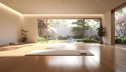 Fototapeta premium Serene Yoga Studio with Garden View and Natural Light.
