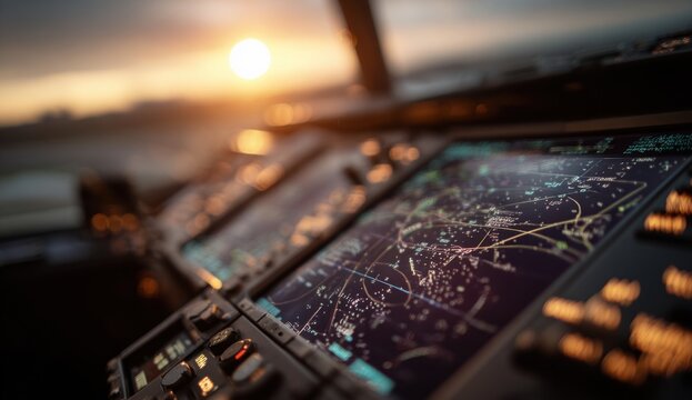 Close-animated movie view of an airplane cockpit during sunset with illuminated controls and instrument panel