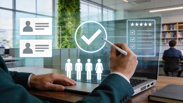 Businessman Using Laptop With Holographic Interface Showing HR Management Recruitment And Employee Evaluation In Modern Office Digital Transformation Hiring Process And Staff