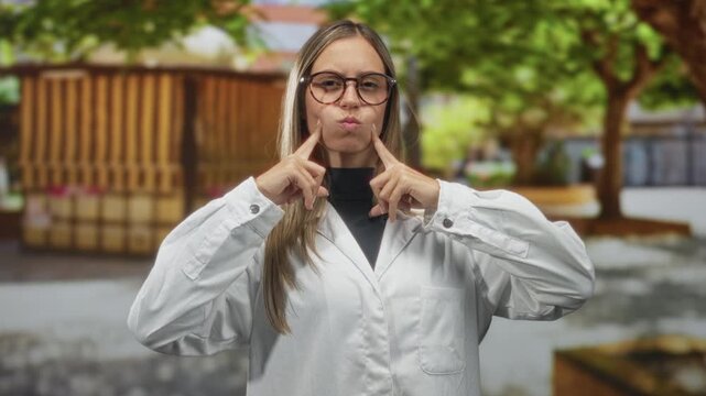Woman wearing white lab coat and glasses pressing index fingers to her cheeks while puffing cheeks and gesturing with both hands on a street scene; playful.