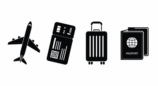 Travel Airplane Boarding Pass Suitcase Passport Tourism Silhouette Vector Icons
