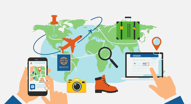 Travel planning and navigation concept with smartphone tablet and travel icons on a world map