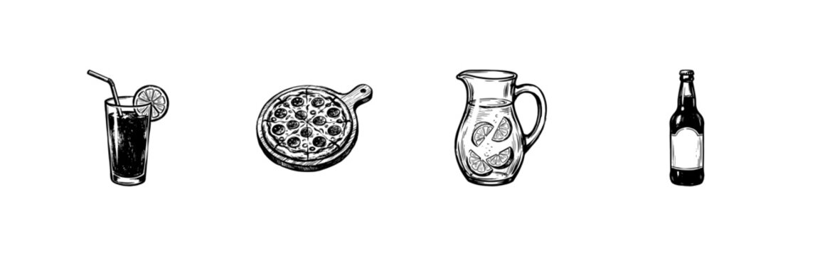 Italian Cuisine and Refreshing Beverages Food Set with Hand-Drawn Inky Doodle and Organic Sketchy Strokes