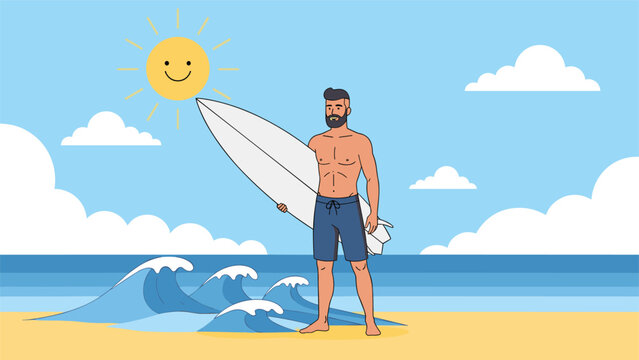Bearded surfer standing on a sandy beach holding his surfboard under a happy sun with ocean waves crashing in the blue background scenery.