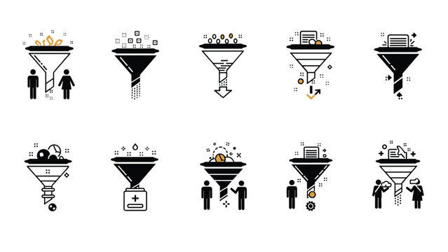 Set of funnel icons illustrating various stages of business data processing, lead generation, and customer filtering.
