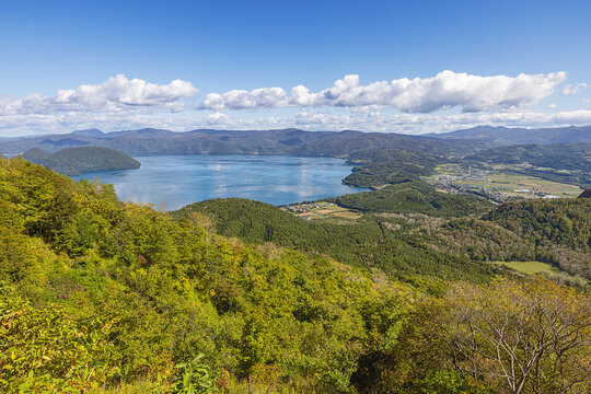 The slopes of Mount Usu with Lake Toya, seen from the Usuzan Toyako observation deck