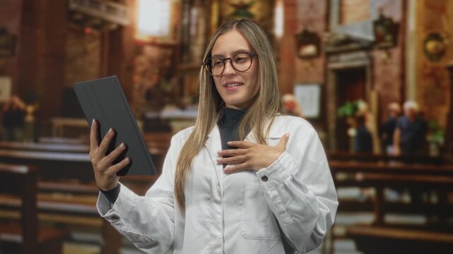 Woman wearing glasses and white coat holds a tablet with one hand and places other hand to chest in an ornate building; uncertainty.