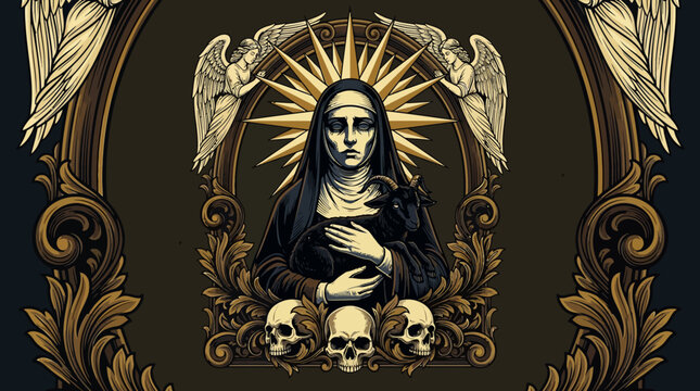 Dark Gothic Nun Illustration with Black Goat, Skulls, and Angels - Occult Religious Horror Art