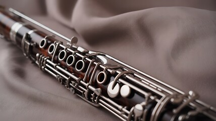 Obraz premium Close-up of a bassoon musical instrument on a draped silk fabric background