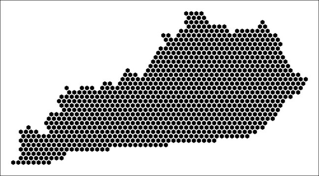 Kentucky hexagon map. Plain black and white dotted shape template. State tiny hexagon cells. Kentucky flat honeycomb template. Vector Illustration.