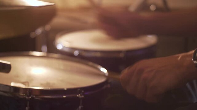 Close Up View of Drummer Hands Playing Drum Set Professional Music Performance Percussion Rhythm Beat Studio Recording Practice Session Creative Energy Instrument 4K Video