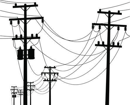 Black silhouette of multiple power poles with transformers and tangled wires against a white background