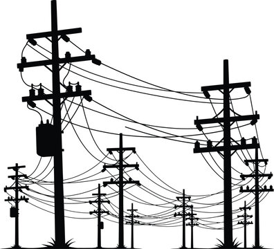 Black silhouette of multiple wooden utility poles with wires and transformers against a white background
