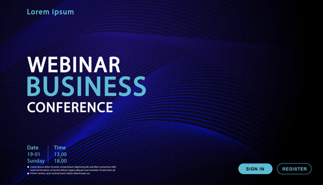 Modern webinar business conference landing page template with abstract blue wave lines and dark background providing copy space for online corporate events and digital marketing promotion.