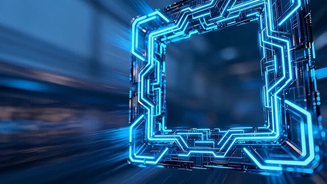 Square technological frame with complex glowing circuit lines