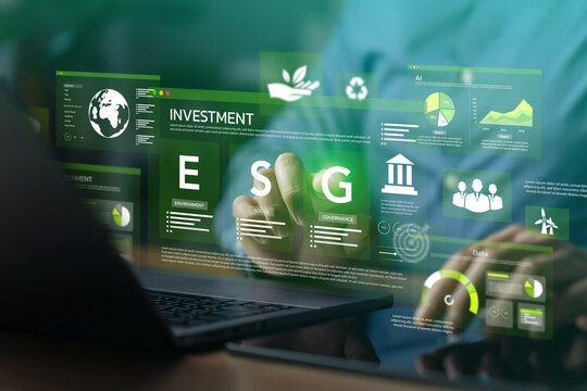 Businessman Using Computer to Analyze ESG Investment in Environmental, Social, and Governance. ESG Concept for Sustainable Green Business Strategy