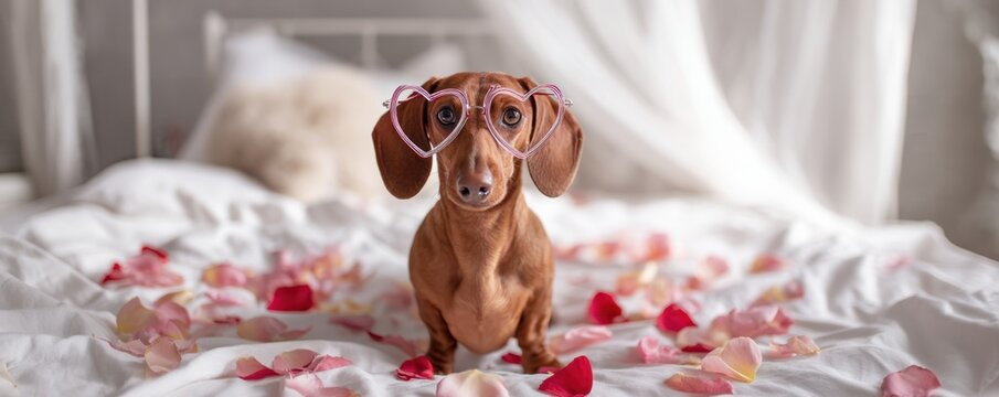 Dachshund wearing heart-shaped glasses sitting on a bed with rose petals